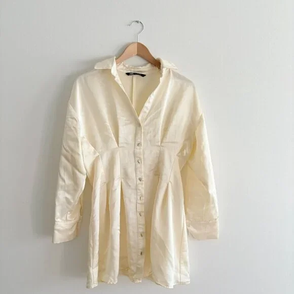 Zara Satin Effect Gold Button Down Shirt Dress Ecru White Size Small - Picture 5 of 8